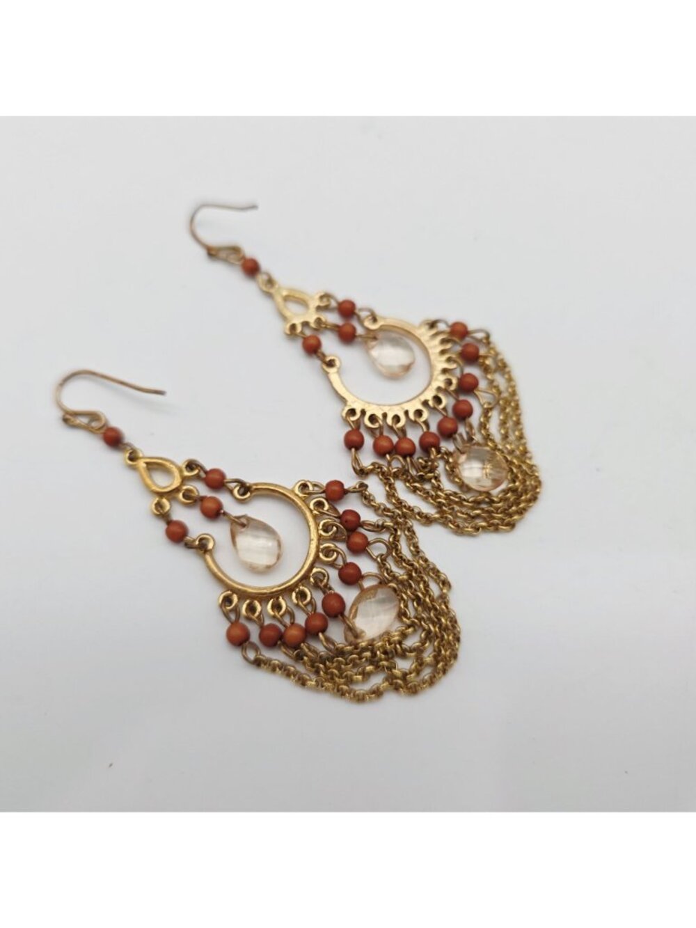 Gold-Tone Boho Dangle Earrings Chains Beads & Clear Crystal Accents Chandelier - Picture 5 of 5